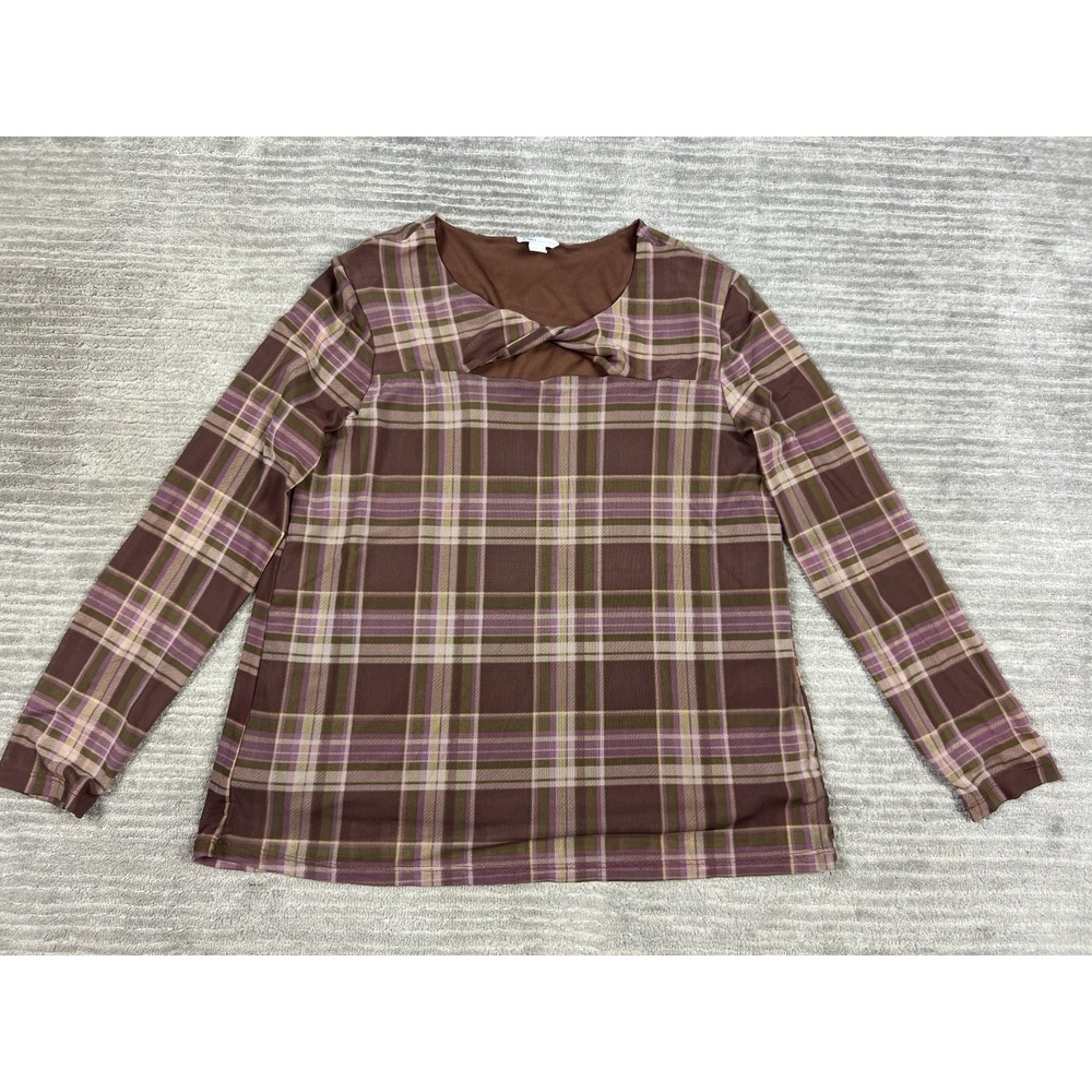 Cato Top Womens Large Multicolor Plaid Long Sheer Sleeve Nylon‎ Blend Lined